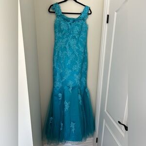 Custom Mermaid Tulle Off the Shoulder Gown - Aquamarine Blue